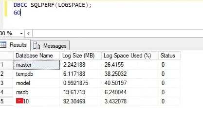 Check Log space utilization using dbcc sqlperf